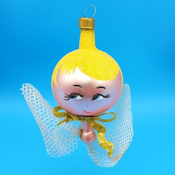 Vintage Pink Glass Angel Ornament Japan 1960s Yellow Glitter Hair Gold Bow v1 - Picture 3 of 10